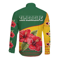 Zimbabwe Flag Map and Red Hibiscus Flowers Long Sleeve Button Shirt with African Tribal Pattern