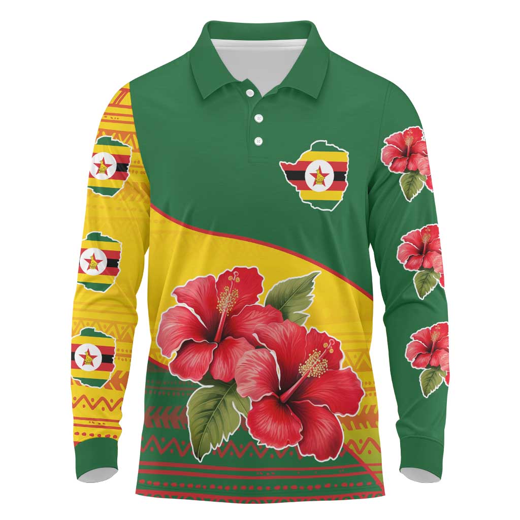 Zimbabwe Flag Map and Red Hibiscus Flowers Long Sleeve Polo Shirt with African Tribal Pattern