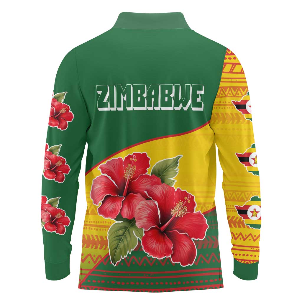 Zimbabwe Flag Map and Red Hibiscus Flowers Long Sleeve Polo Shirt with African Tribal Pattern