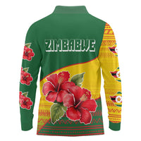 Zimbabwe Flag Map and Red Hibiscus Flowers Long Sleeve Polo Shirt with African Tribal Pattern