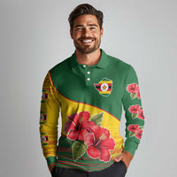 Zimbabwe Flag Map and Red Hibiscus Flowers Long Sleeve Polo Shirt with African Tribal Pattern