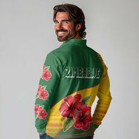 Zimbabwe Flag Map and Red Hibiscus Flowers Long Sleeve Polo Shirt with African Tribal Pattern