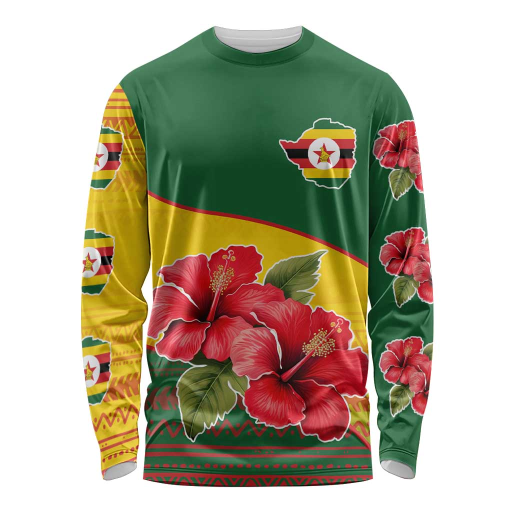 Zimbabwe Flag Map and Red Hibiscus Flowers Long Sleeve Shirt with African Tribal Pattern