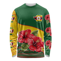 Zimbabwe Flag Map and Red Hibiscus Flowers Long Sleeve Shirt with African Tribal Pattern