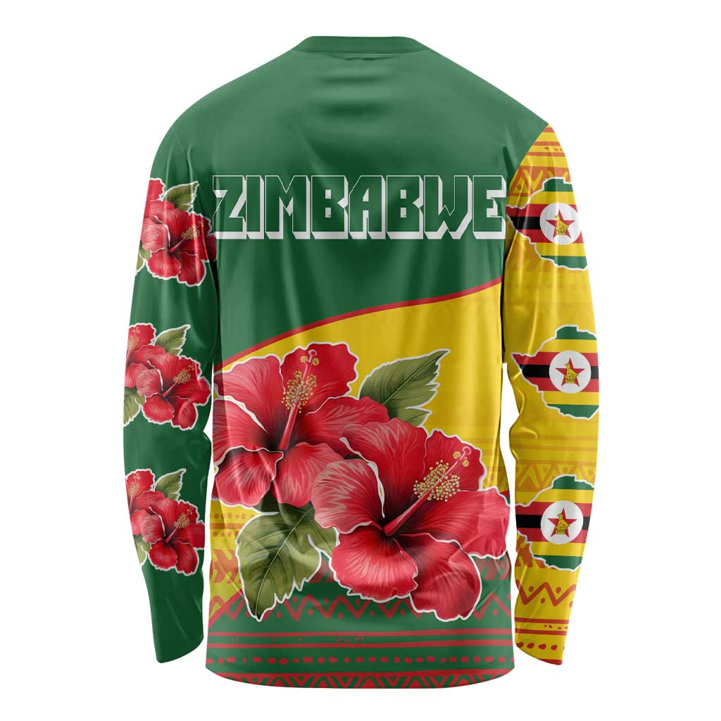 Zimbabwe Flag Map and Red Hibiscus Flowers Long Sleeve Shirt with African Tribal Pattern