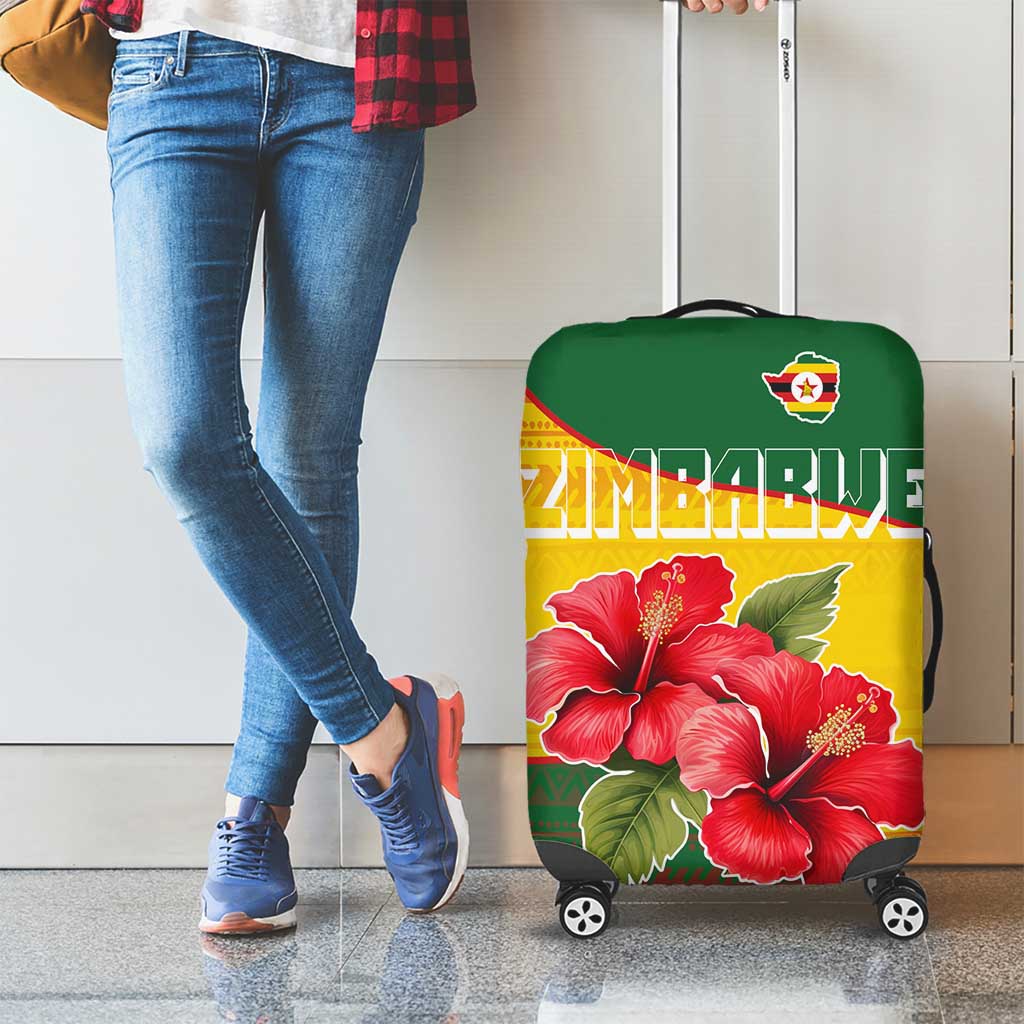 Zimbabwe Flag Map and Red Hibiscus Flowers Luggage Cover with African Tribal Pattern