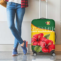 Zimbabwe Flag Map and Red Hibiscus Flowers Luggage Cover with African Tribal Pattern