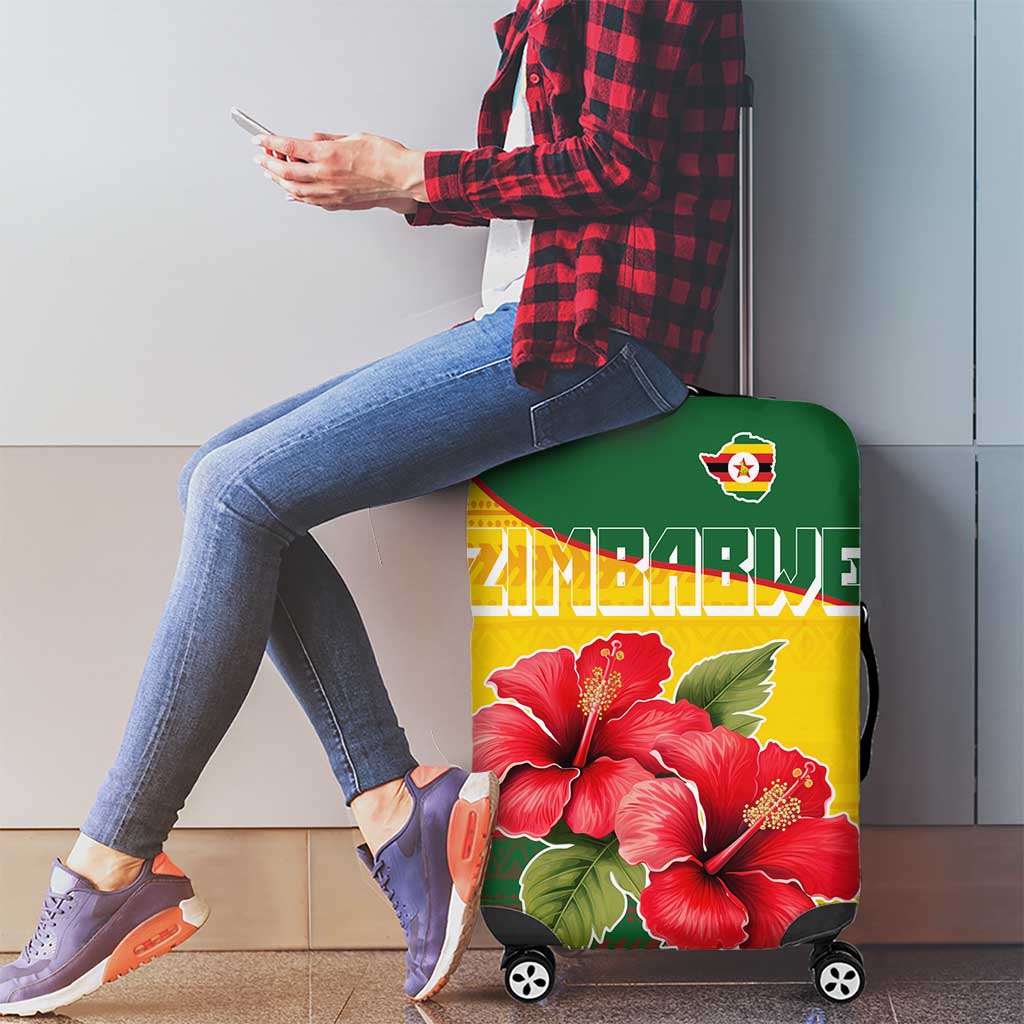 Zimbabwe Flag Map and Red Hibiscus Flowers Luggage Cover with African Tribal Pattern