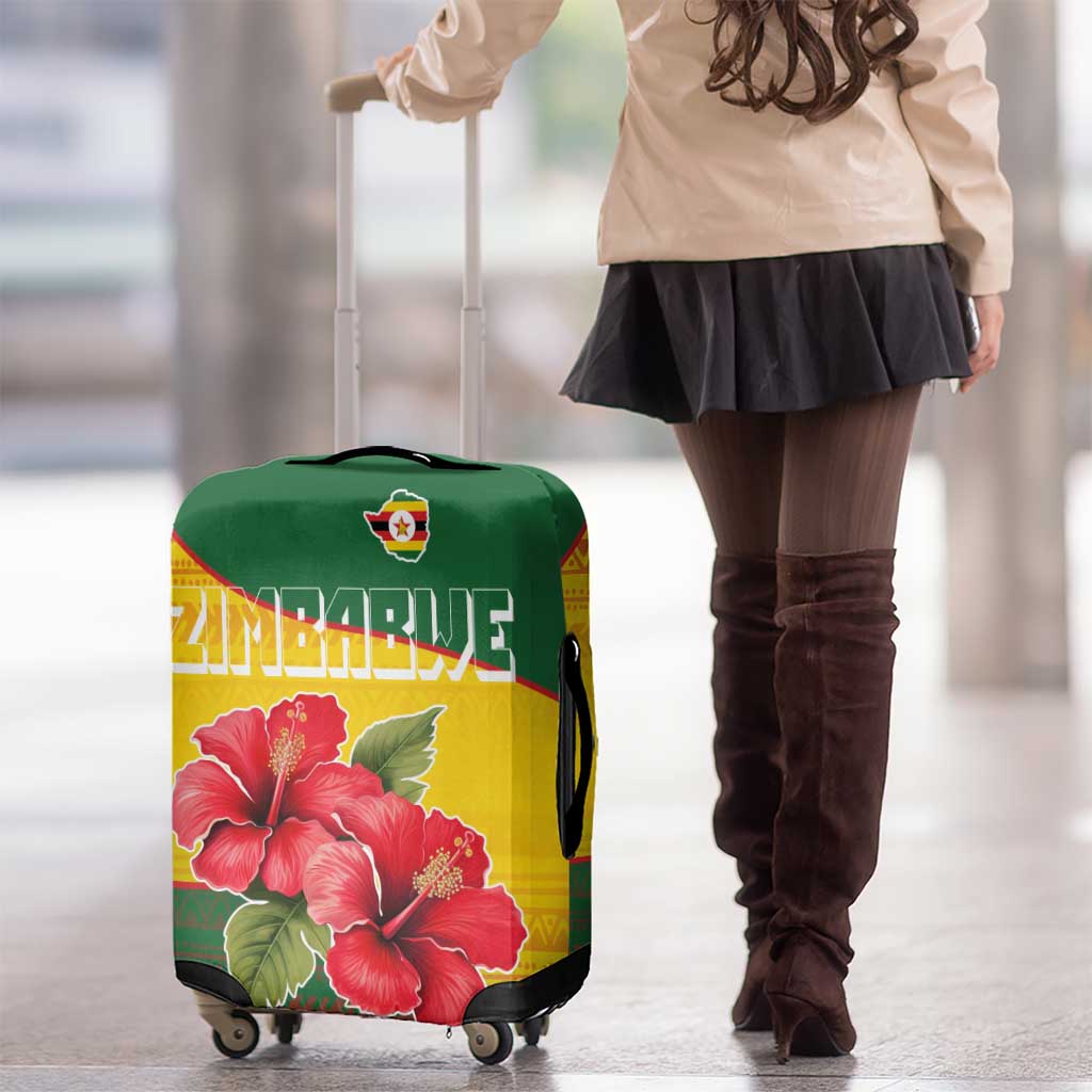 Zimbabwe Flag Map and Red Hibiscus Flowers Luggage Cover with African Tribal Pattern