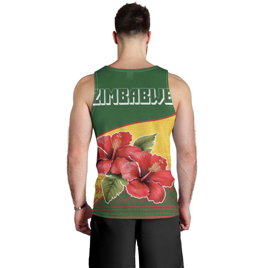Zimbabwe Flag Map and Red Hibiscus Flowers Men Tank Top with African Tribal Pattern