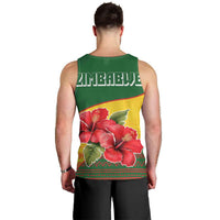 Zimbabwe Flag Map and Red Hibiscus Flowers Men Tank Top with African Tribal Pattern