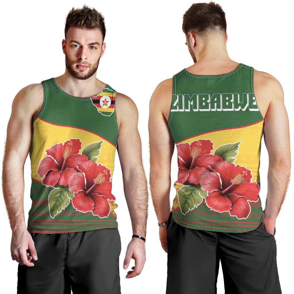 Zimbabwe Flag Map and Red Hibiscus Flowers Men Tank Top with African Tribal Pattern