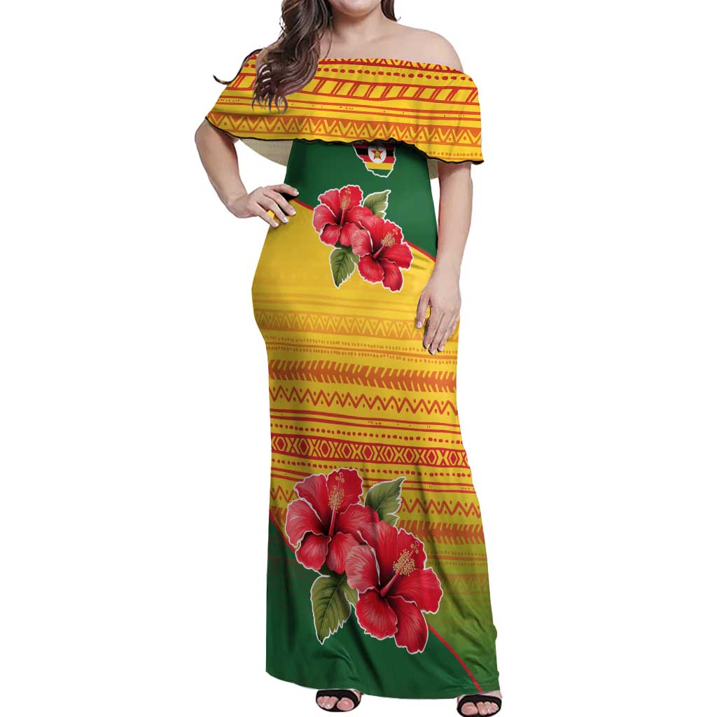 Zimbabwe Flag Map and Red Hibiscus Flowers Off Shoulder Maxi Dress with African Tribal Pattern