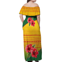 Zimbabwe Flag Map and Red Hibiscus Flowers Off Shoulder Maxi Dress with African Tribal Pattern