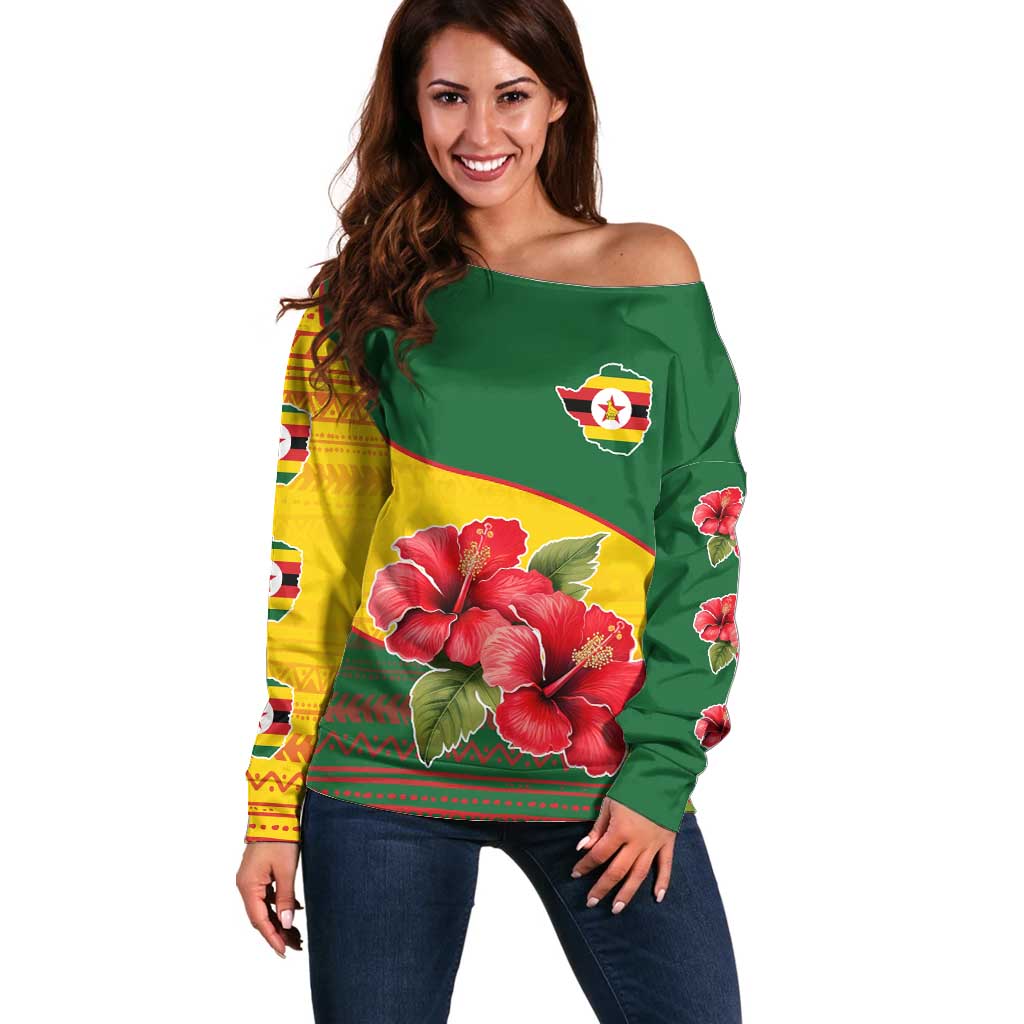 Zimbabwe Flag Map and Red Hibiscus Flowers Off Shoulder Sweater with African Tribal Pattern