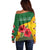 Zimbabwe Flag Map and Red Hibiscus Flowers Off Shoulder Sweater with African Tribal Pattern
