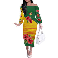 Zimbabwe Flag Map and Red Hibiscus Flowers Off The Shoulder Long Sleeve Dress with African Tribal Pattern