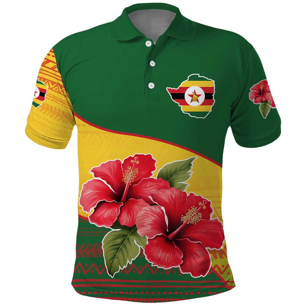 Zimbabwe Flag Map and Red Hibiscus Flowers Polo Shirt with African Tribal Pattern