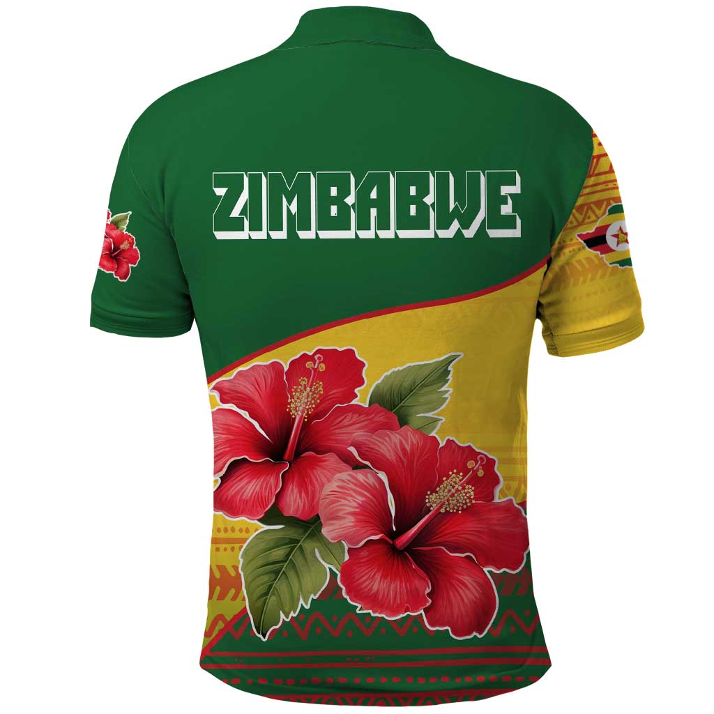 Zimbabwe Flag Map and Red Hibiscus Flowers Polo Shirt with African Tribal Pattern