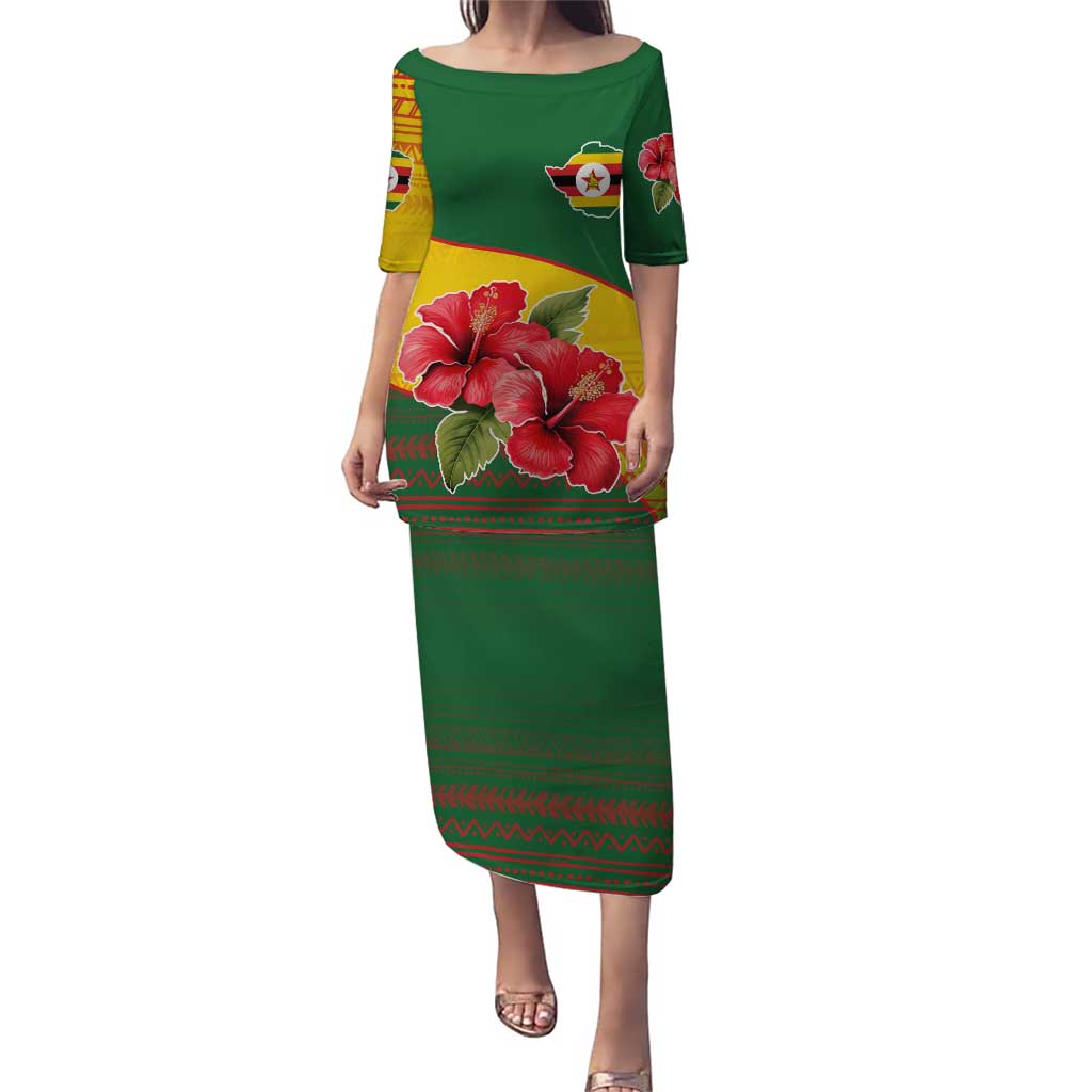 Zimbabwe Flag Map and Red Hibiscus Flowers Puletasi with African Tribal Pattern