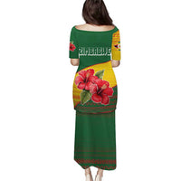 Zimbabwe Flag Map and Red Hibiscus Flowers Puletasi with African Tribal Pattern