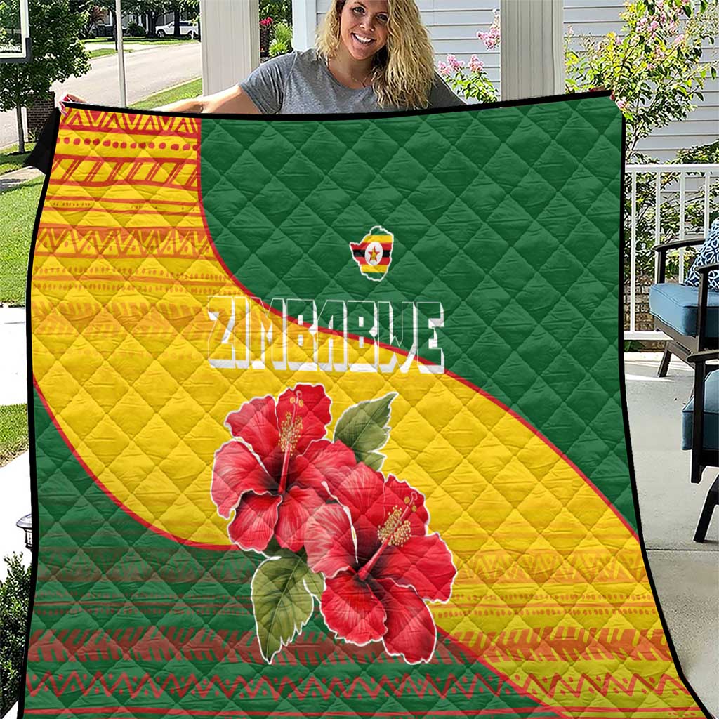 Zimbabwe Flag Map and Red Hibiscus Flowers Quilt with African Tribal Pattern