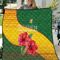 Zimbabwe Flag Map and Red Hibiscus Flowers Quilt with African Tribal Pattern