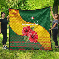 Zimbabwe Flag Map and Red Hibiscus Flowers Quilt with African Tribal Pattern