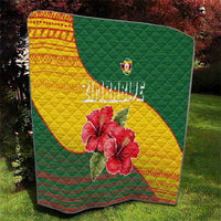 Zimbabwe Flag Map and Red Hibiscus Flowers Quilt with African Tribal Pattern