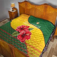 Zimbabwe Flag Map and Red Hibiscus Flowers Quilt with African Tribal Pattern
