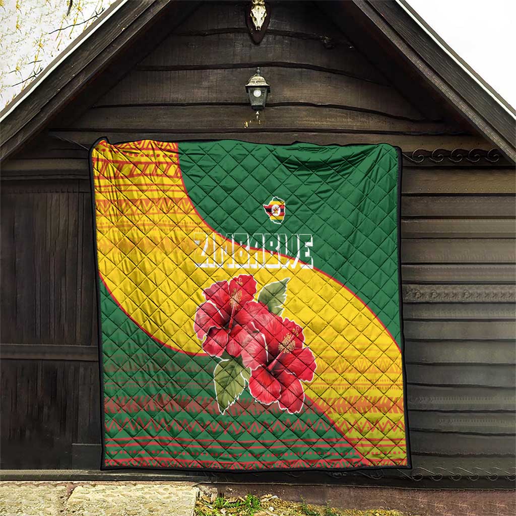 Zimbabwe Flag Map and Red Hibiscus Flowers Quilt with African Tribal Pattern