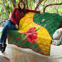 Zimbabwe Flag Map and Red Hibiscus Flowers Quilt with African Tribal Pattern