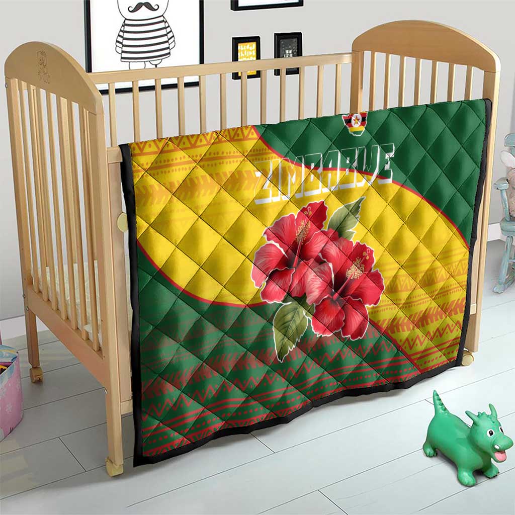 Zimbabwe Flag Map and Red Hibiscus Flowers Quilt with African Tribal Pattern
