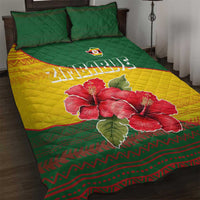 Zimbabwe Flag Map and Red Hibiscus Flowers Quilt Bed Set with African Tribal Pattern