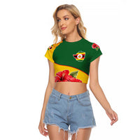 Zimbabwe Flag Map and Red Hibiscus Flowers Raglan Cropped T Shirt with African Tribal Pattern