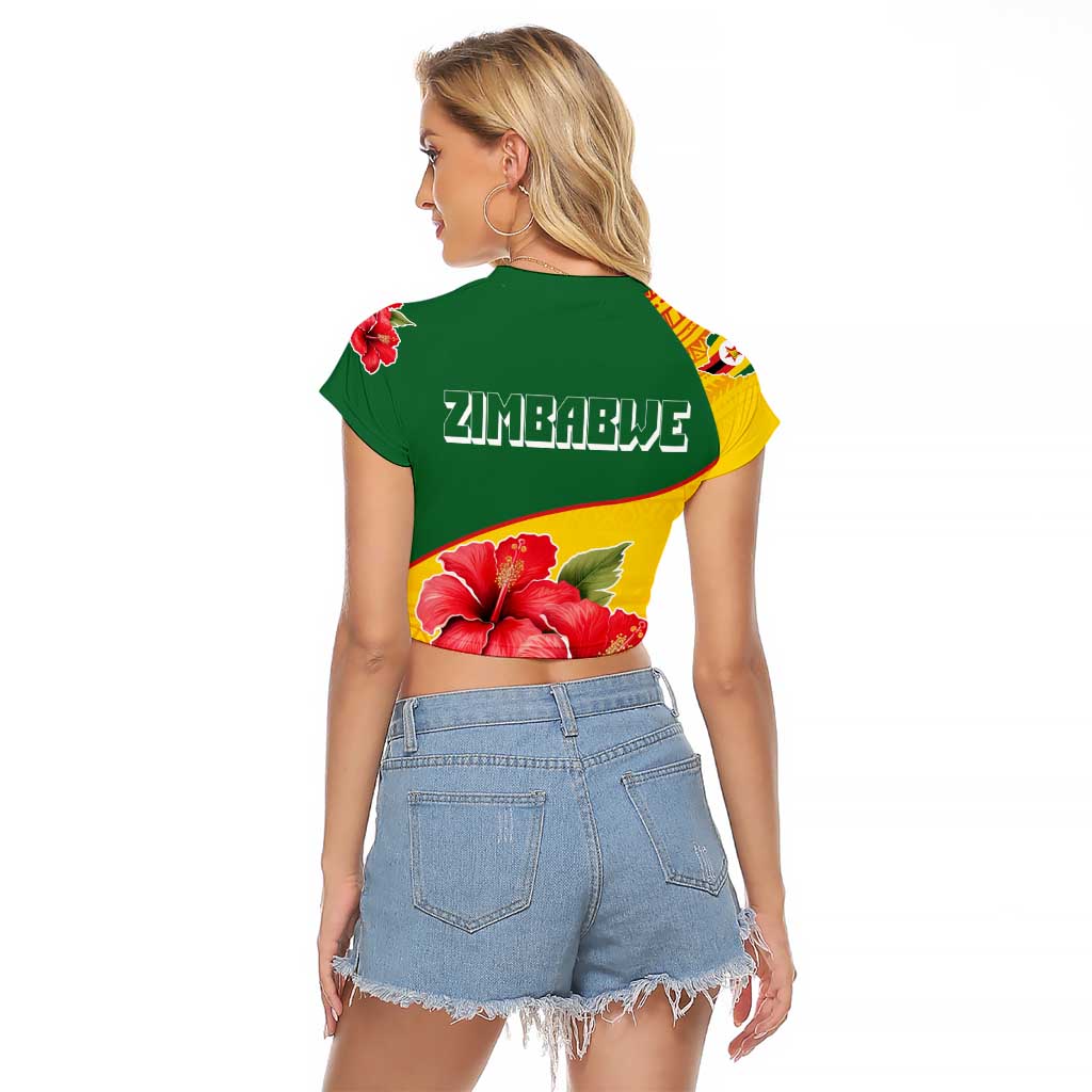 Zimbabwe Flag Map and Red Hibiscus Flowers Raglan Cropped T Shirt with African Tribal Pattern