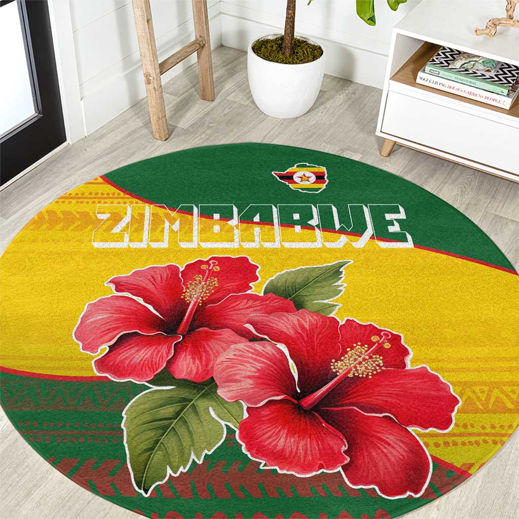 Zimbabwe Flag Map and Red Hibiscus Flowers Round Carpet with African Tribal Pattern