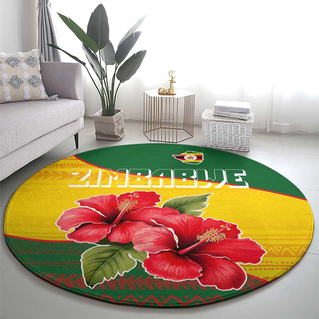 Zimbabwe Flag Map and Red Hibiscus Flowers Round Carpet with African Tribal Pattern