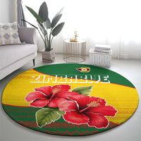 Zimbabwe Flag Map and Red Hibiscus Flowers Round Carpet with African Tribal Pattern