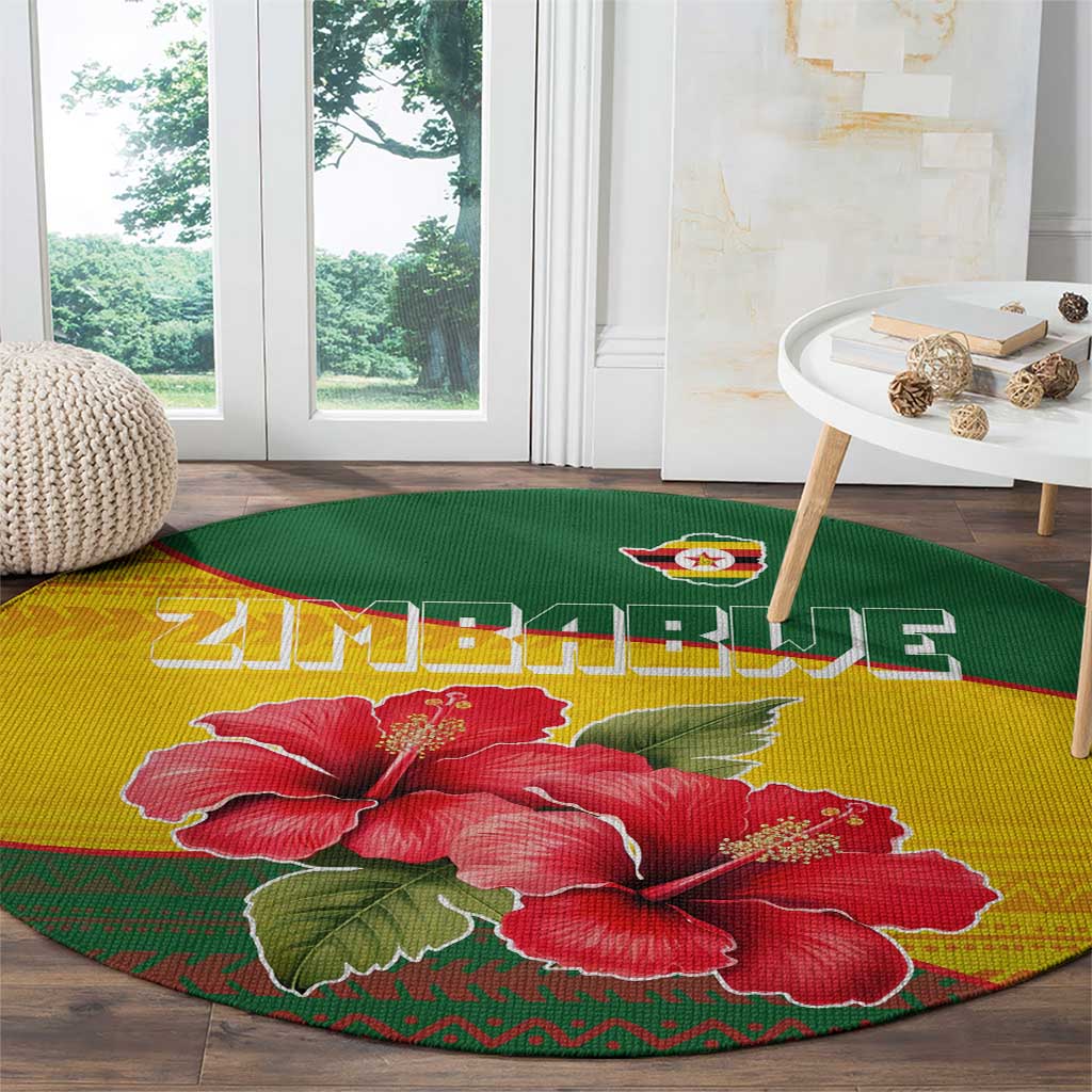 Zimbabwe Flag Map and Red Hibiscus Flowers Round Carpet with African Tribal Pattern