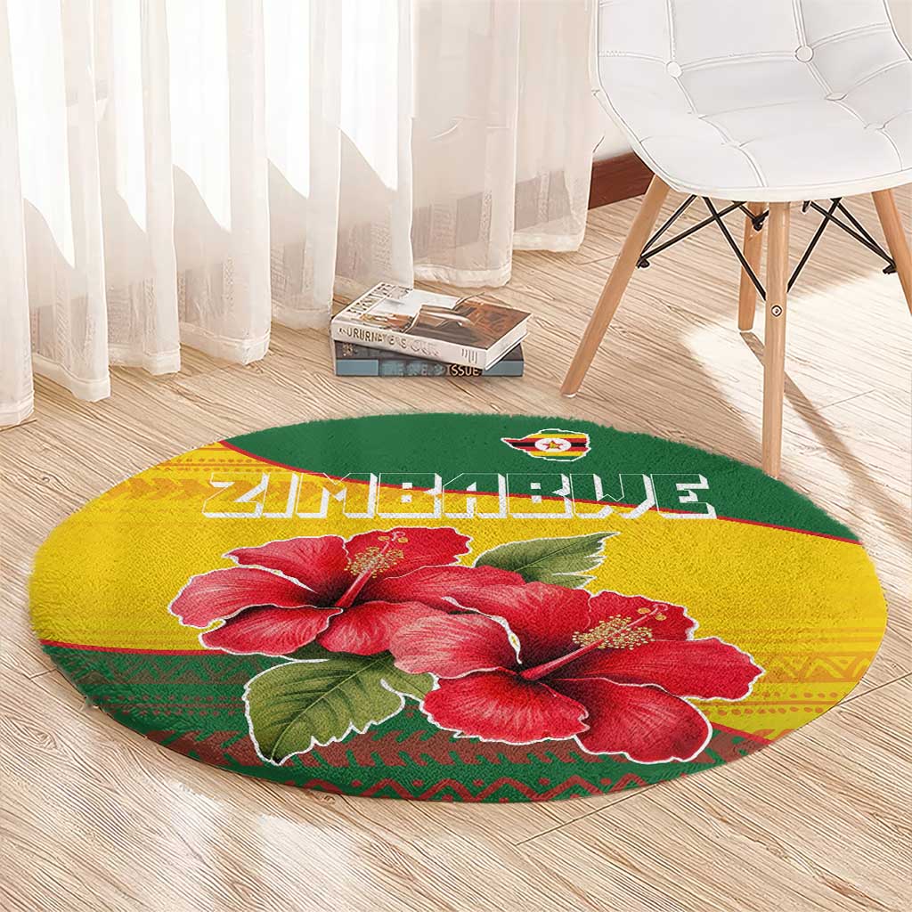 Zimbabwe Flag Map and Red Hibiscus Flowers Round Carpet with African Tribal Pattern