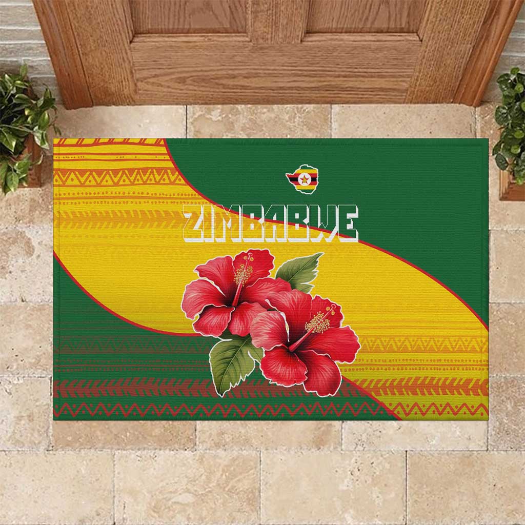 Zimbabwe Flag Map and Red Hibiscus Flowers Rubber Doormat with African Tribal Pattern