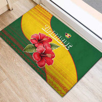 Zimbabwe Flag Map and Red Hibiscus Flowers Rubber Doormat with African Tribal Pattern