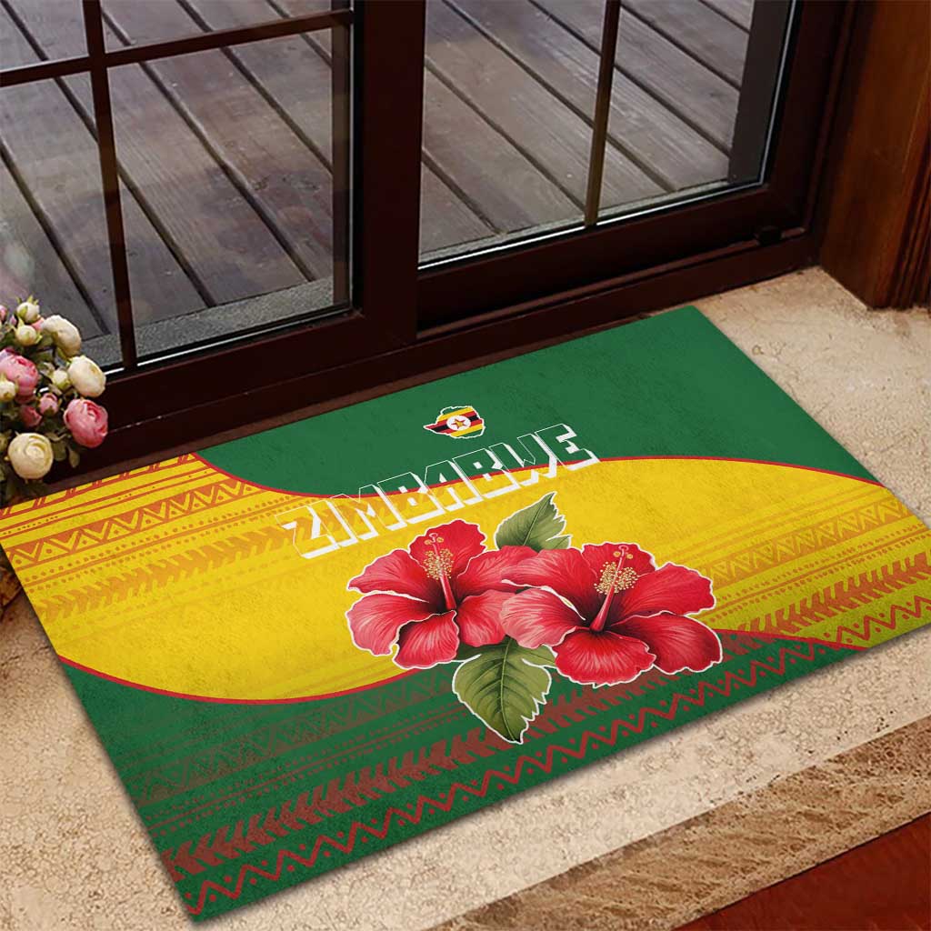 Zimbabwe Flag Map and Red Hibiscus Flowers Rubber Doormat with African Tribal Pattern
