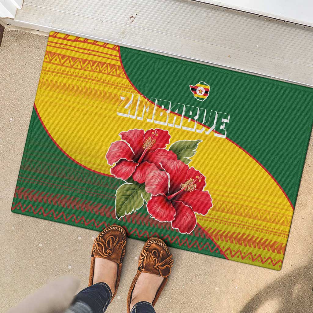 Zimbabwe Flag Map and Red Hibiscus Flowers Rubber Doormat with African Tribal Pattern