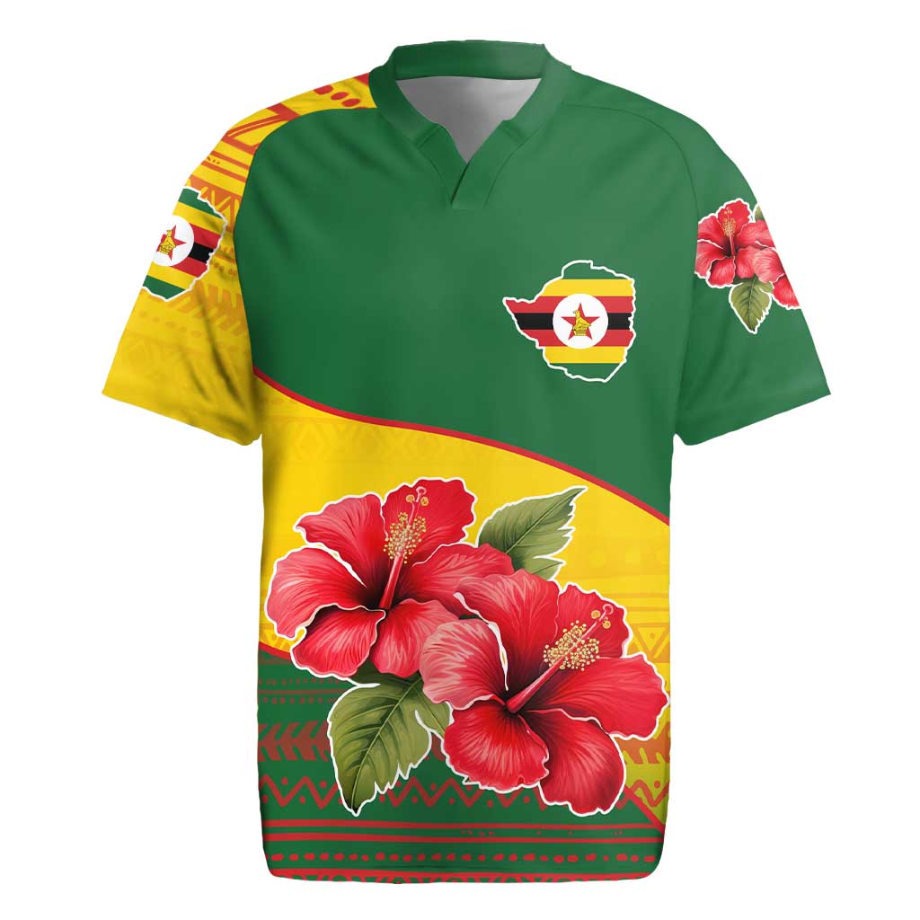 Zimbabwe Flag Map and Red Hibiscus Flowers Rugby Jersey with African Tribal Pattern