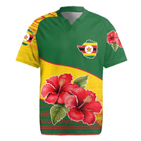 Zimbabwe Flag Map and Red Hibiscus Flowers Rugby Jersey with African Tribal Pattern