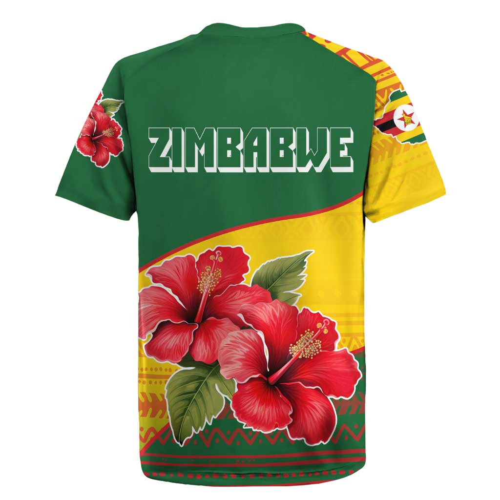 Zimbabwe Flag Map and Red Hibiscus Flowers Rugby Jersey with African Tribal Pattern