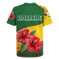 Zimbabwe Flag Map and Red Hibiscus Flowers Rugby Jersey with African Tribal Pattern