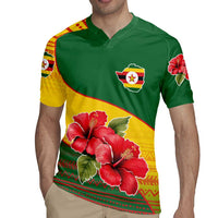 Zimbabwe Flag Map and Red Hibiscus Flowers Rugby Jersey with African Tribal Pattern